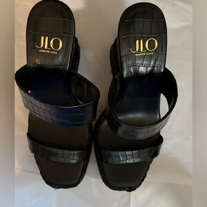 Jennifer Lopez Black Croc-Embossed Mules